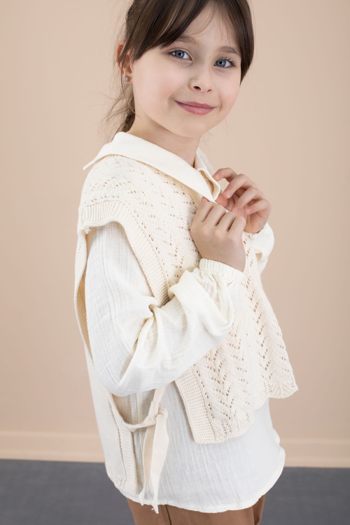 Krem Örgü Süveterli Müslin Gömlekli Kız Çocuk 3lü Alt Üst Takım 20538