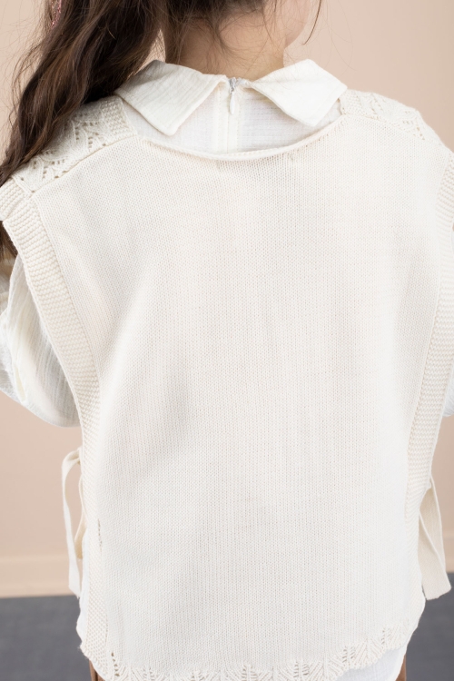 Krem Örgü Süveterli Müslin Gömlekli Kız Çocuk 3lü Alt Üst Takım 20538