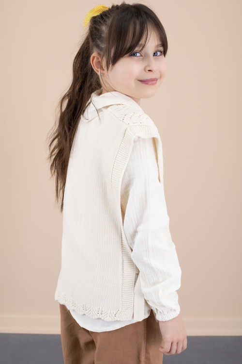 Krem Örgü Süveterli Müslin Gömlekli Kız Çocuk 3lü Alt Üst Takım 20538