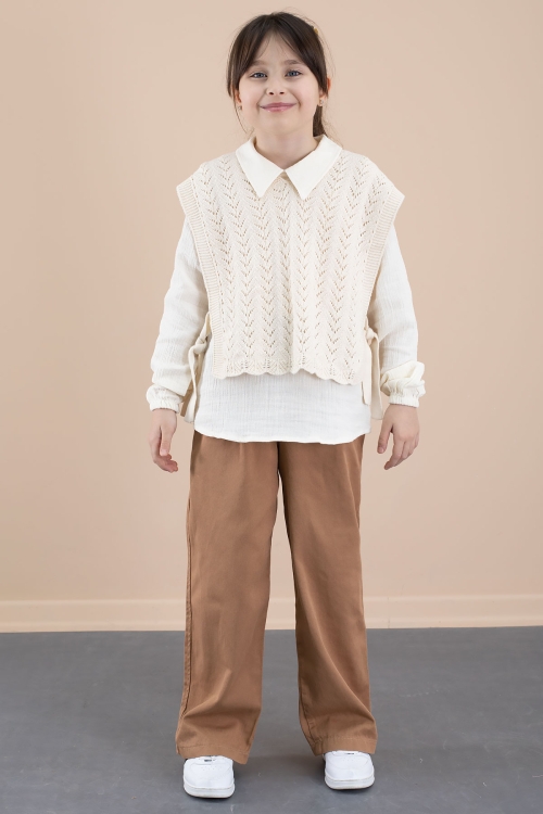 Krem Örgü Süveterli Müslin Gömlekli Kız Çocuk 3lü Alt Üst Takım 20538