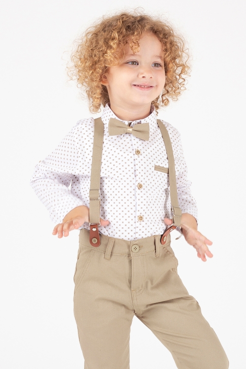 Krem Papyonlu Askılı Desenli Gömlekli Erkek Çocuk Pantolonlu Takım 20547