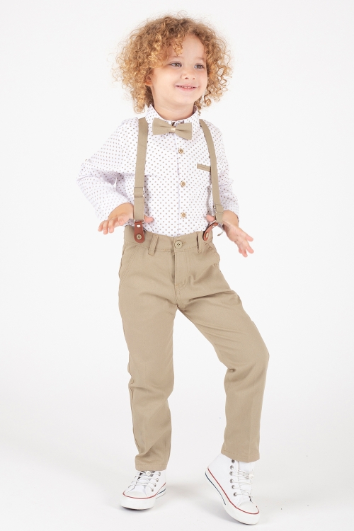 Krem Papyonlu Askılı Desenli Gömlekli Erkek Çocuk Pantolonlu Takım 20547