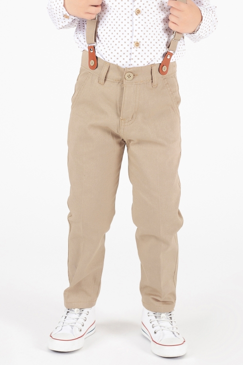 Krem Papyonlu Askılı Desenli Gömlekli Erkek Çocuk Pantolonlu Takım 20547