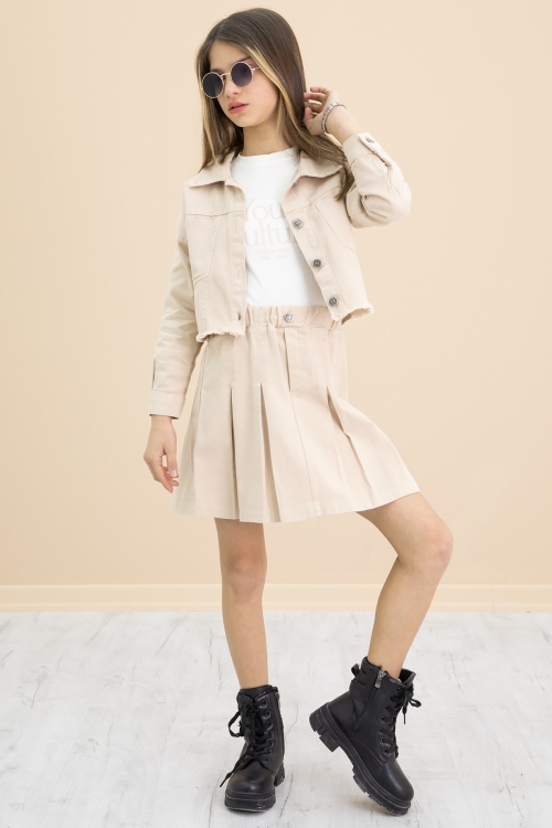 Krem Püsküllü Jean Ceketli Kız Çocuk 3lü Etekli Takım 20178