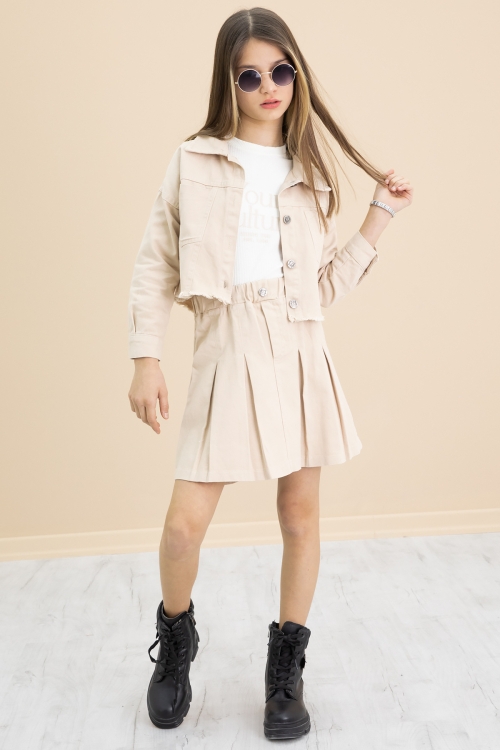 Krem Püsküllü Jean Ceketli Kız Çocuk 3lü Etekli Takım 20178