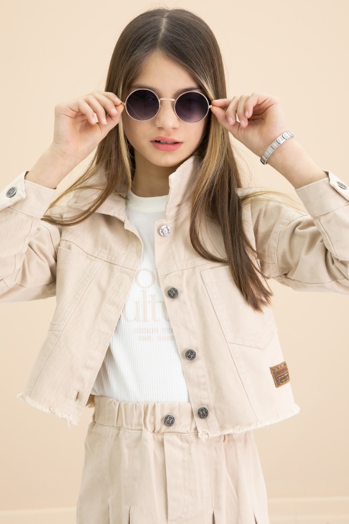 Krem Püsküllü Jean Ceketli Kız Çocuk 3lü Etekli Takım 20178