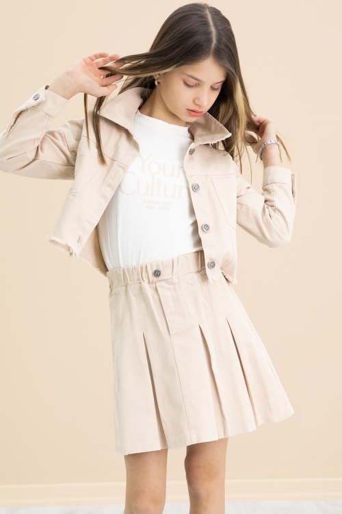 Krem Püsküllü Jean Ceketli Kız Çocuk 3lü Etekli Takım 20178