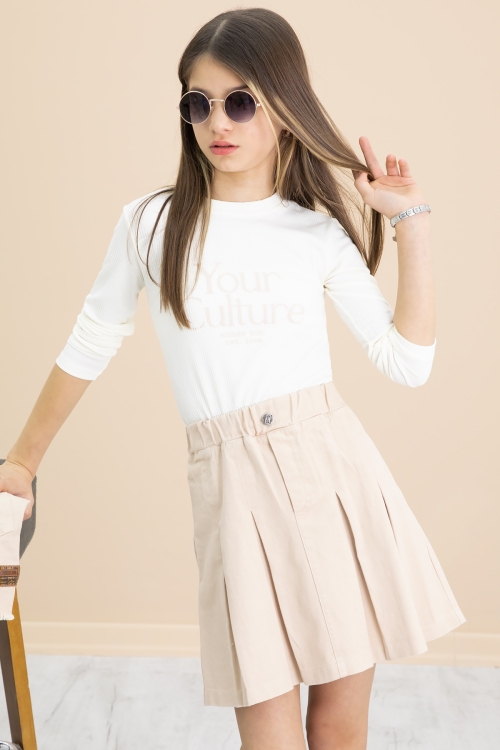 Krem Püsküllü Jean Ceketli Kız Çocuk 3lü Etekli Takım 20178