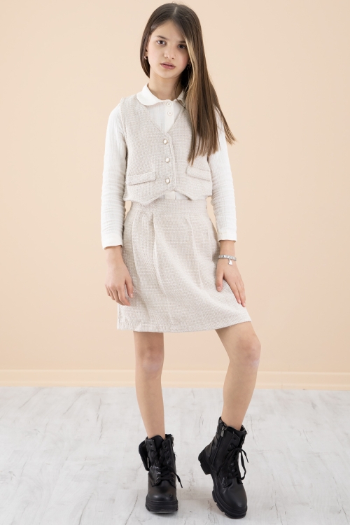 Krem Simli Yelekli Etekli Kız Çocuk Gömlekli 3lü Takım 20235