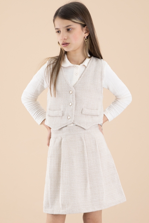 Krem Simli Yelekli Etekli Kız Çocuk Gömlekli 3lü Takım 20235