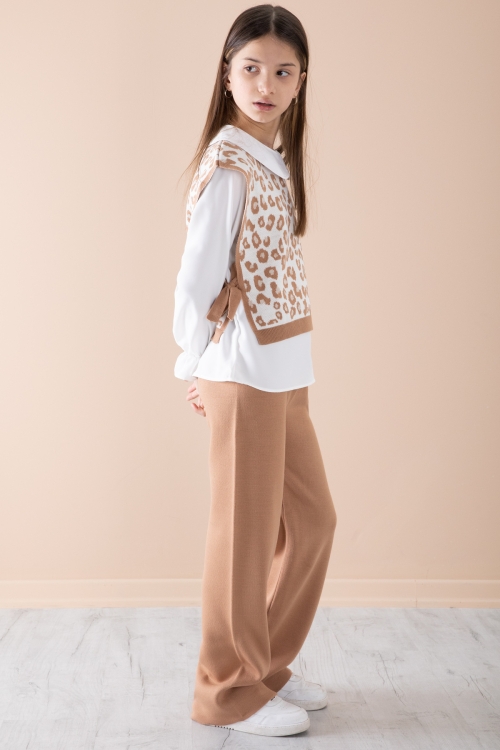 Krem Süveterli Gömlekli Kız Çocuk Triko Pantolonlu 3lü Takım 20344