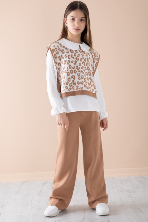 Krem Süveterli Gömlekli Kız Çocuk Triko Pantolonlu 3lü Takım 20344