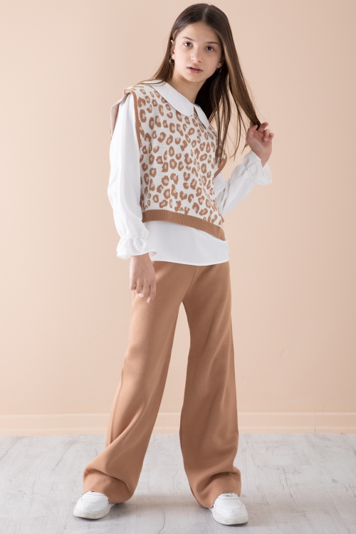 Krem Süveterli Gömlekli Kız Çocuk Triko Pantolonlu 3lü Takım 20344