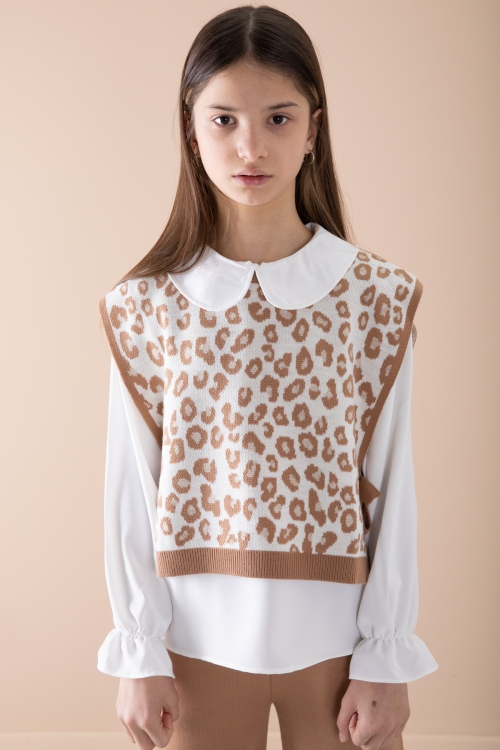 Krem Süveterli Gömlekli Kız Çocuk Triko Pantolonlu 3lü Takım 20344