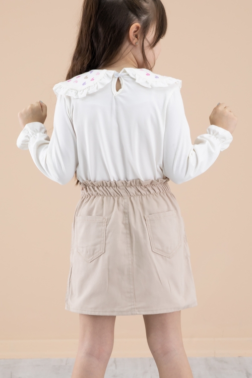 Krem Yakası Kalp Nakışlı Badili Jean Etekli Kız Çocuk Takım 20334