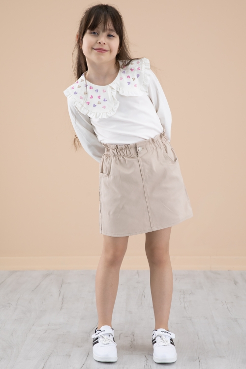 Krem Yakası Kalp Nakışlı Badili Jean Etekli Kız Çocuk Takım 20334