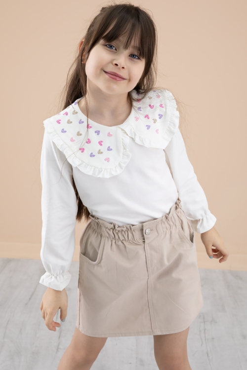 Krem Yakası Kalp Nakışlı Badili Jean Etekli Kız Çocuk Takım 20334