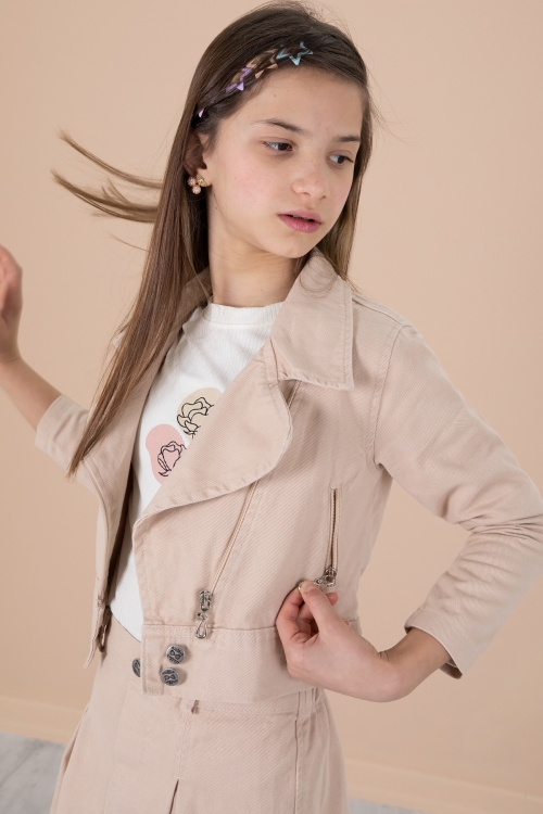 Krem Yan Fermuarlı Jean Ceketli 3lü Etekli Kız Çocuk Takım 20200