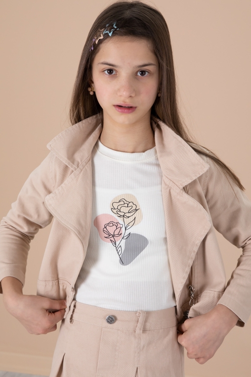 Krem Yan Fermuarlı Jean Ceketli 3lü Etekli Kız Çocuk Takım 20200