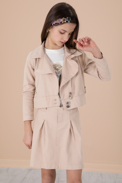 Krem Yan Fermuarlı Jean Ceketli 3lü Etekli Kız Çocuk Takım 20200