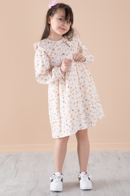Krem Yaprak Desenli Düğmeli Müslin Kız Çocuk Elbise 20307