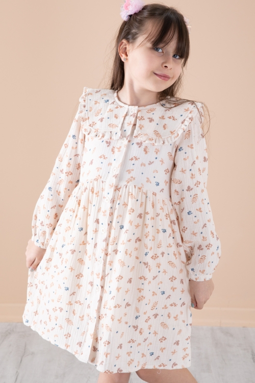 Krem Yaprak Desenli Düğmeli Müslin Kız Çocuk Elbise 20307