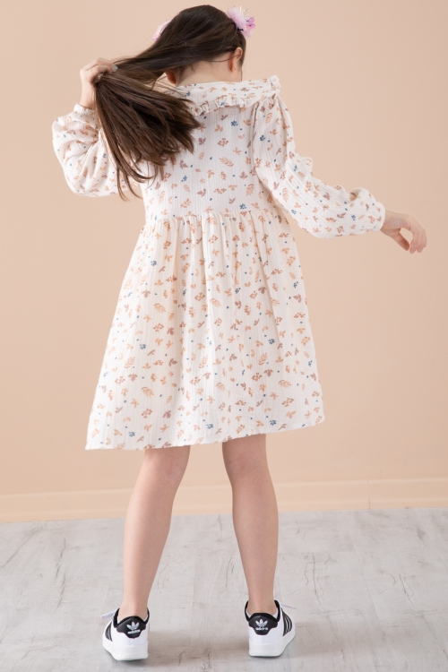 Krem Yaprak Desenli Düğmeli Müslin Kız Çocuk Elbise 20307