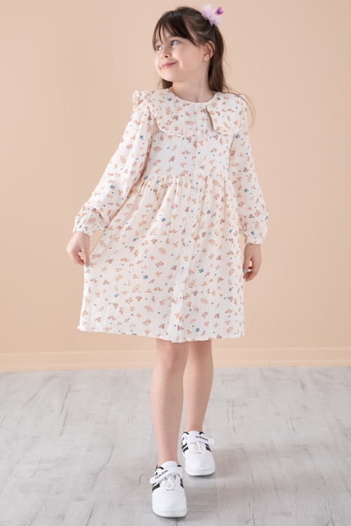 Krem Yaprak Desenli Düğmeli Müslin Kız Çocuk Elbise 20307