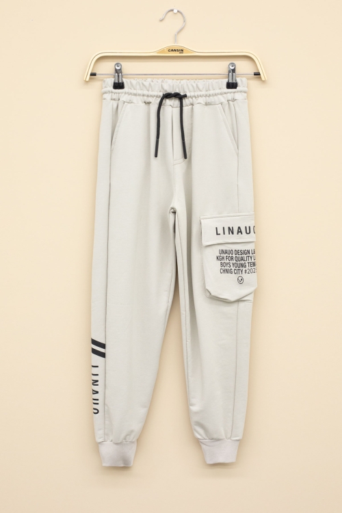 Krem Yazı Baskılı Cepli Erkek Çocuk Beli Lastikli Eşofman Altı 20204