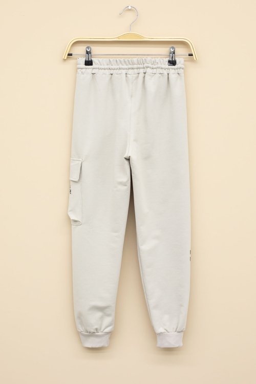 Krem Yazı Baskılı Cepli Erkek Çocuk Beli Lastikli Eşofman Altı 20204