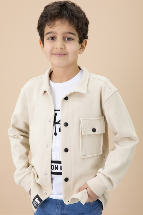 Krem Yazı Baskılı Tişörtlü Gömlekli Erkek Çocuk Takım 20007