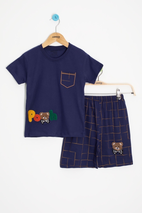 Lacivert Ayıcık Nakışlı Kısa Kol Tişörtlü Erkek Çocuk Şortlu Takım 20580