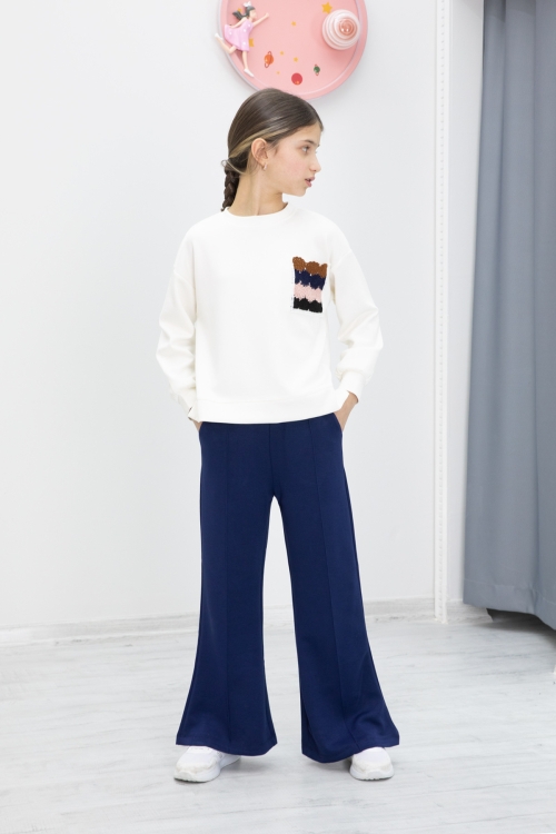 Lacivert Dantel Cepli İspanyol Paça Kız Çocuk Alt Üst Takım 19979