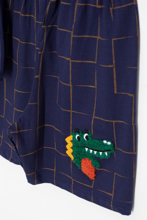 Lacivert Dino Cep Nakışlı Kısa Kol Tişörtlü Erkek Çocuk Şortlu Takım 20573