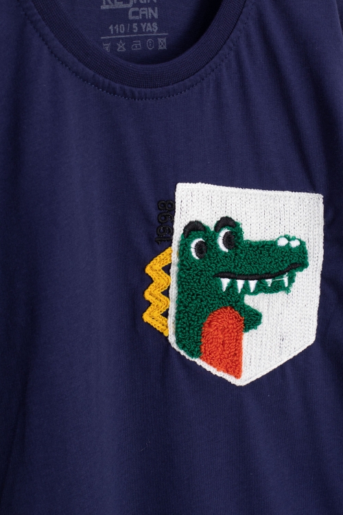 Lacivert Dino Cep Nakışlı Kısa Kol Tişörtlü Erkek Çocuk Şortlu Takım 20573