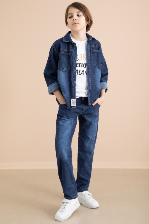 Lacivert Düğmeli Jean Gömlekli Pantolonlu 3lü Erkek Çocuk Takım 19999