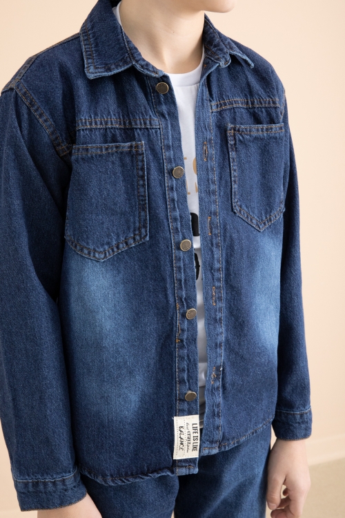 Lacivert Düğmeli Jean Gömlekli Pantolonlu 3lü Erkek Çocuk Takım 19999