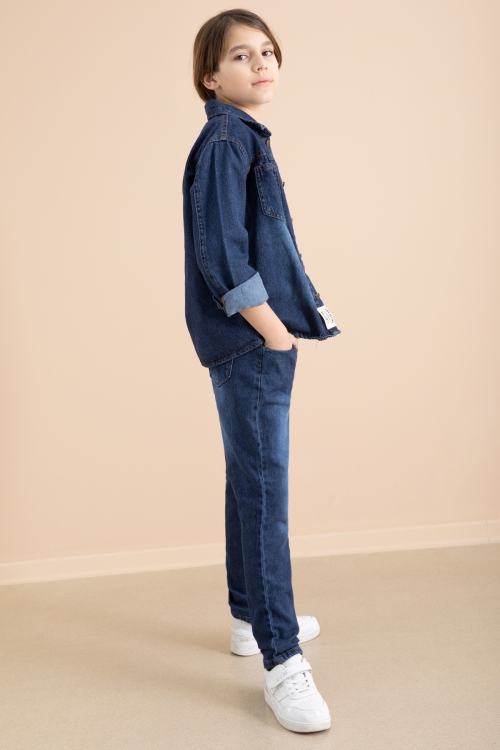 Lacivert Düğmeli Jean Gömlekli Pantolonlu 3lü Erkek Çocuk Takım 19999