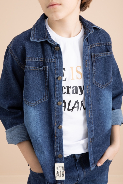 Lacivert Düğmeli Jean Gömlekli Pantolonlu 3lü Erkek Çocuk Takım 19999