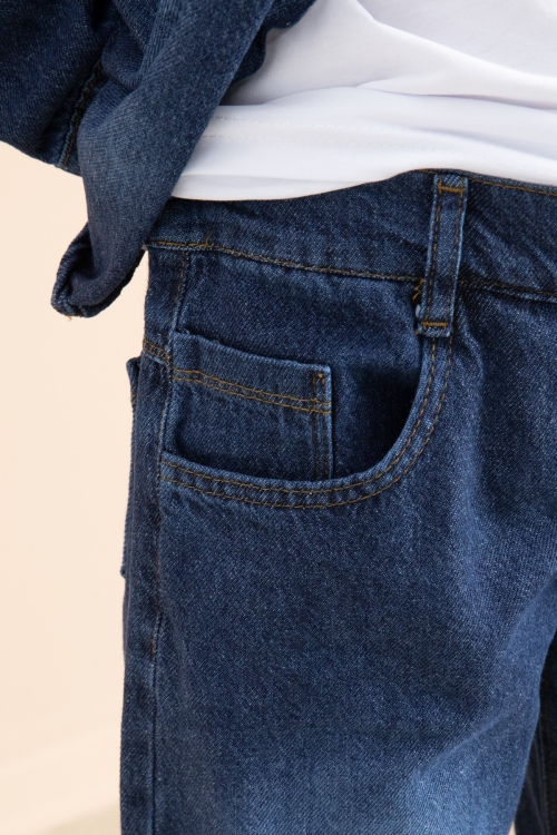 Lacivert Düğmeli Jean Gömlekli Pantolonlu 3lü Erkek Çocuk Takım 19999