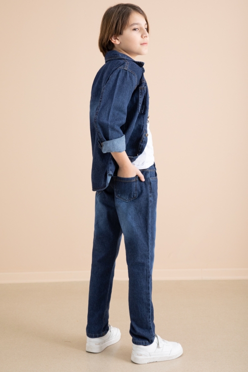 Lacivert Düğmeli Jean Gömlekli Pantolonlu 3lü Erkek Çocuk Takım 19999