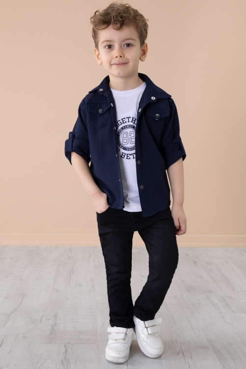 Lacivert Erkek Çocuk Çıtçıtlı Gömlekli Pantolonlu 3lü Alt Üst Takım 20263