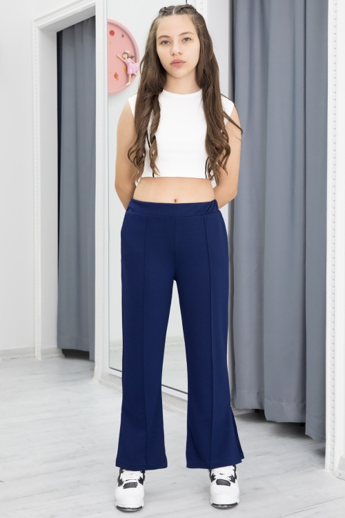 Lacivert Geniş Paça Yırtmaçlı Kız Çocuk Pantolon 20284