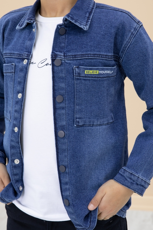 Lacivert Jean Gömlekli Yazı Baskılı Tişörtlü Erkek Çocuk Pantolonlu 3lü Takım