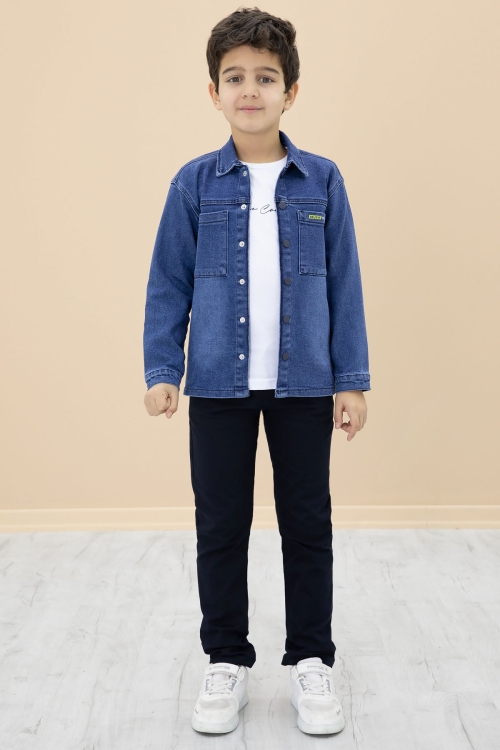 Lacivert Jean Gömlekli Yazı Baskılı Tişörtlü Erkek Çocuk Pantolonlu 3lü Takım