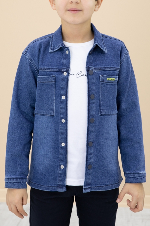 Lacivert Jean Gömlekli Yazı Baskılı Tişörtlü Erkek Çocuk Pantolonlu 3lü Takım