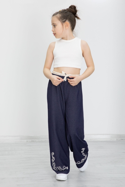 Lacivert Paçası Nakış Detaylı Kız Çocuk Geniş Paça Pantolon 20489