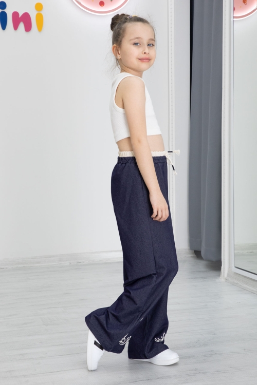 Lacivert Paçası Nakış Detaylı Kız Çocuk Geniş Paça Pantolon 20489