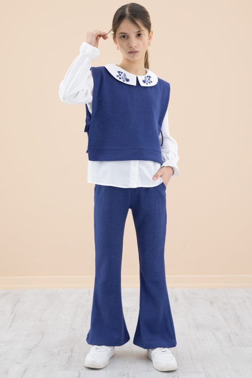 Lacivert Yakası Nakışlı Gömlekli Süveterli Kız Çocuk 3lü Takım 20269