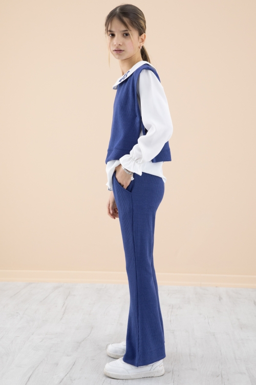 Lacivert Yakası Nakışlı Gömlekli Süveterli Kız Çocuk 3lü Takım 20269